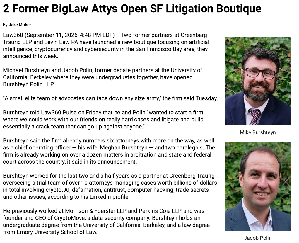 Law360 article opening with photos of Mike Burshteyn and Jacob Polin