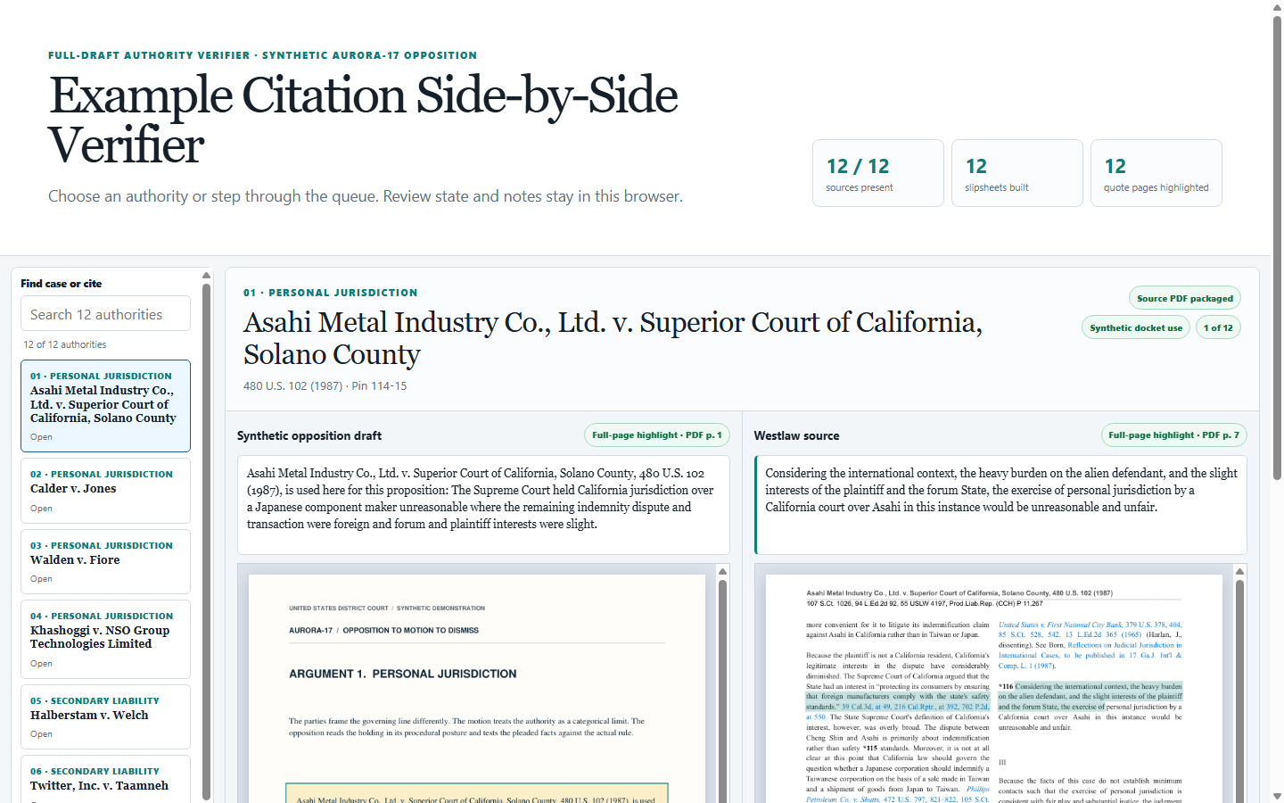Example Citation Side-by-Side Verifier showing a synthetic draft beside a highlighted public authority