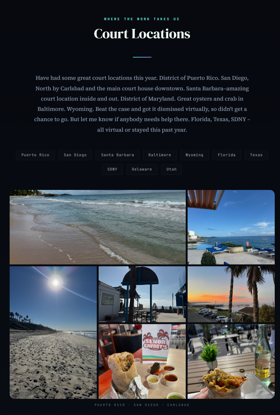 Preview of the Court Locations section with beach and burrito photographs
